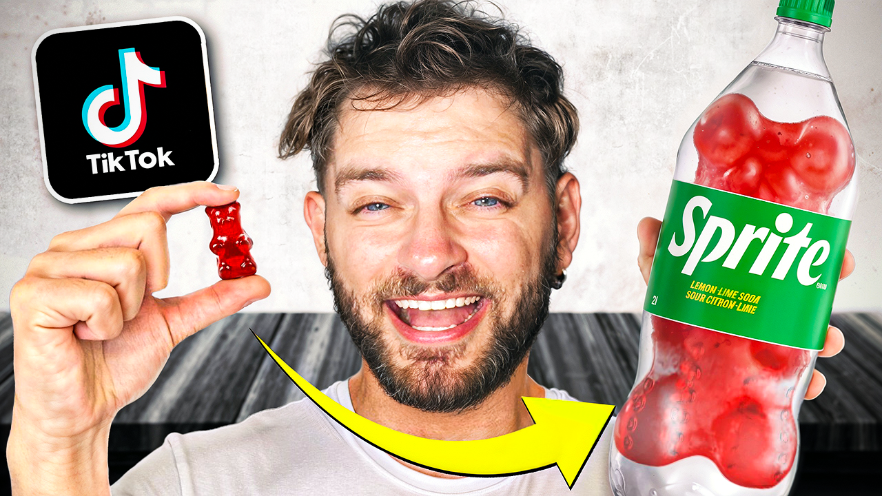 TikTok viral life hacks thumbnail with Sprite and gummy bear