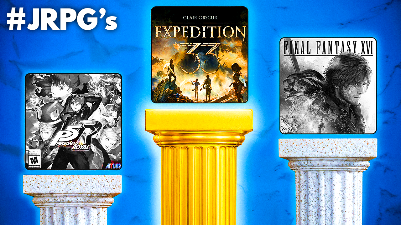 JRPG tier list thumbnail with Expedition 33 on gold pedestal